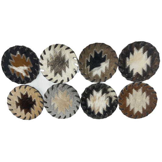 Round natural cowhide coasters. Assorted Colors. Price is PER COASTER - NOT A SET. This set of naturally absorbent leather coasters are Natural shed-free hair on cowhide which prevents drink from sticking, and shows no discoloration when wet. These are made from premium hair-on leather.