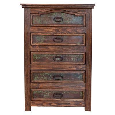 Wooden chest with five drawers and rustic metal accents