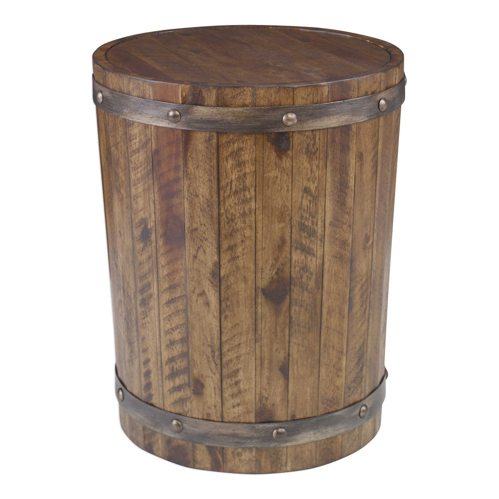 The Ceylon Side Table epitomizes rustic charm. It is constructed with solid distressed acacia wood and finished in a weathered walnut stain, reinforced with sheet metal strapping and burnished brushed steel rivets. This timeless piece is perfect for adding a touch of style and character to any living space.