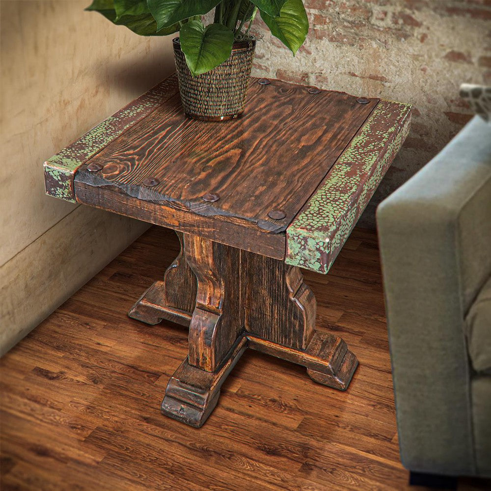 The Copper Canyon End Table is the perfect addition to any living room. Constructed from reclaimed wood and complemented by copper edged accents, this end table will add a hint of rustic sophistication to any space. The sturdy design makes it a durable piece for years to come.