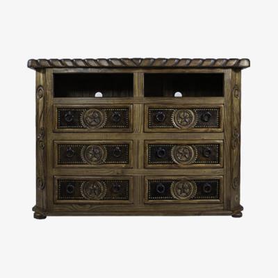 Wooden dresser with six drawers and decorative carved details