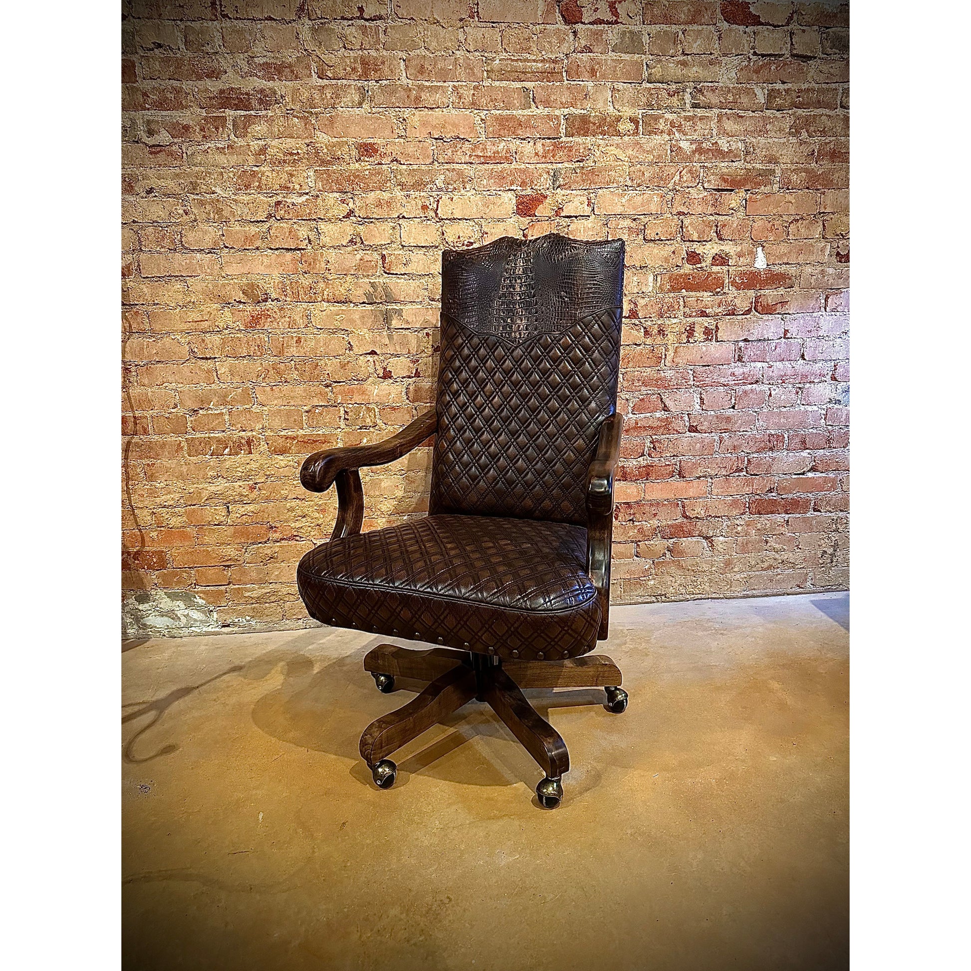 Indulge in luxurious comfort with our Quilted Chisum Office Chair. Crafted with top-quality cowhide and quilted leather, this chair adds a touch of elegance to any office space. With its swivel feature, you can easily move around without sacrificing comfort. Upgrade your workspace today with this perfect blend of style and functionality.