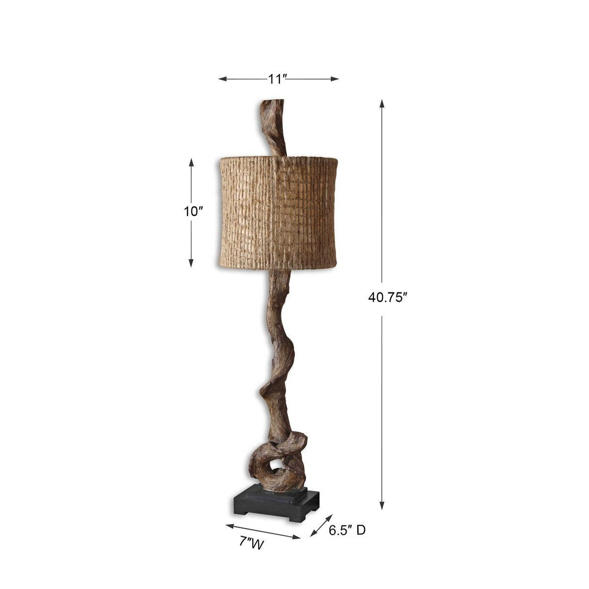 Weathered driftwood finish with a matching finial and a matte black base. The round drum shade is burlap twine with an open weave construction and a beige inner liner.