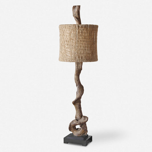 Weathered driftwood finish with a matching finial and a matte black base. The round drum shade is burlap twine with an open weave construction and a beige inner liner.