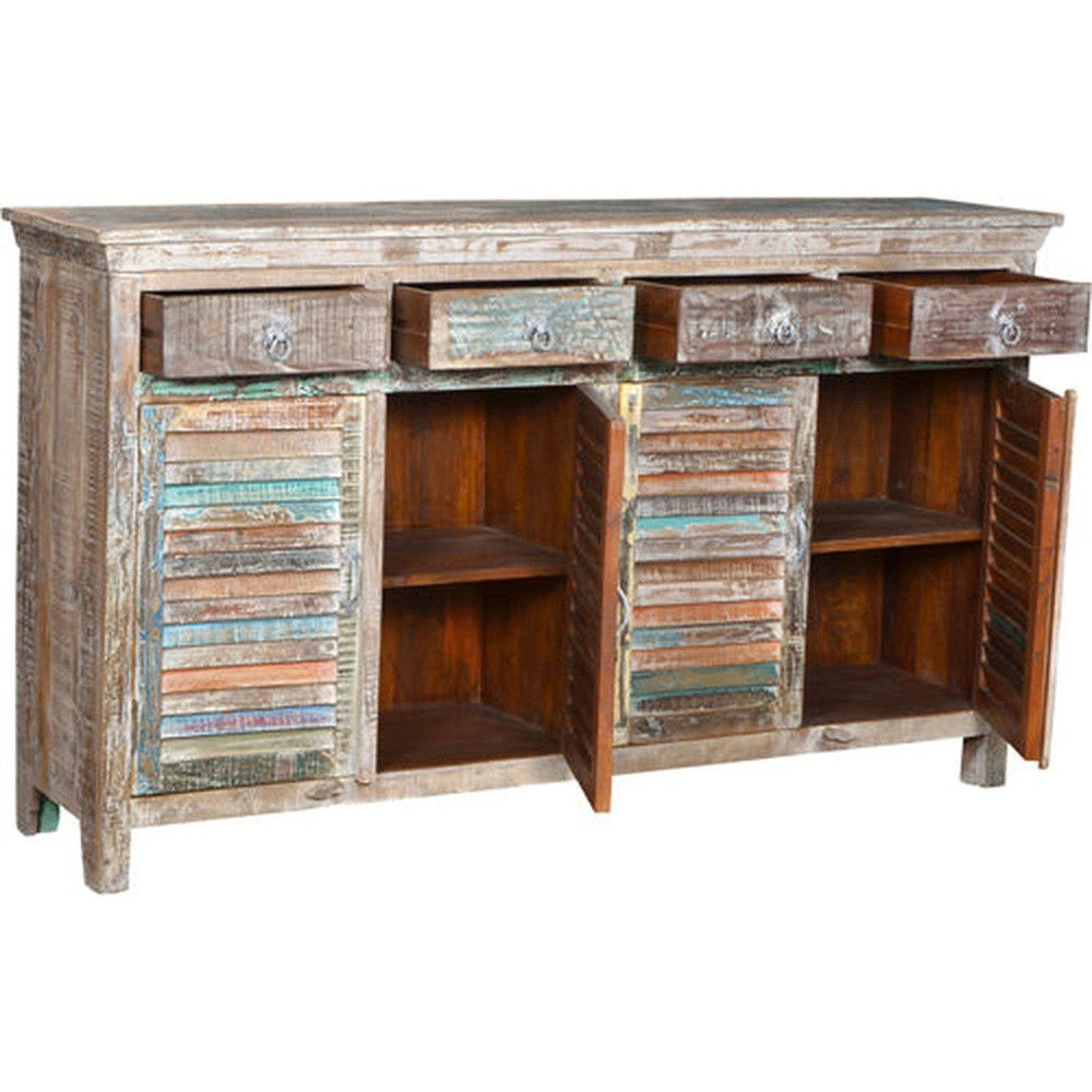 The Eartha Shutter Sideboard is a rustic charm crafted from reclaimed wood. The multicolored paint accentuates the natural beauty, while shutter doors offer a modern twist. The solid construction ensures durability, making it a stylish and reliable choice for your home.