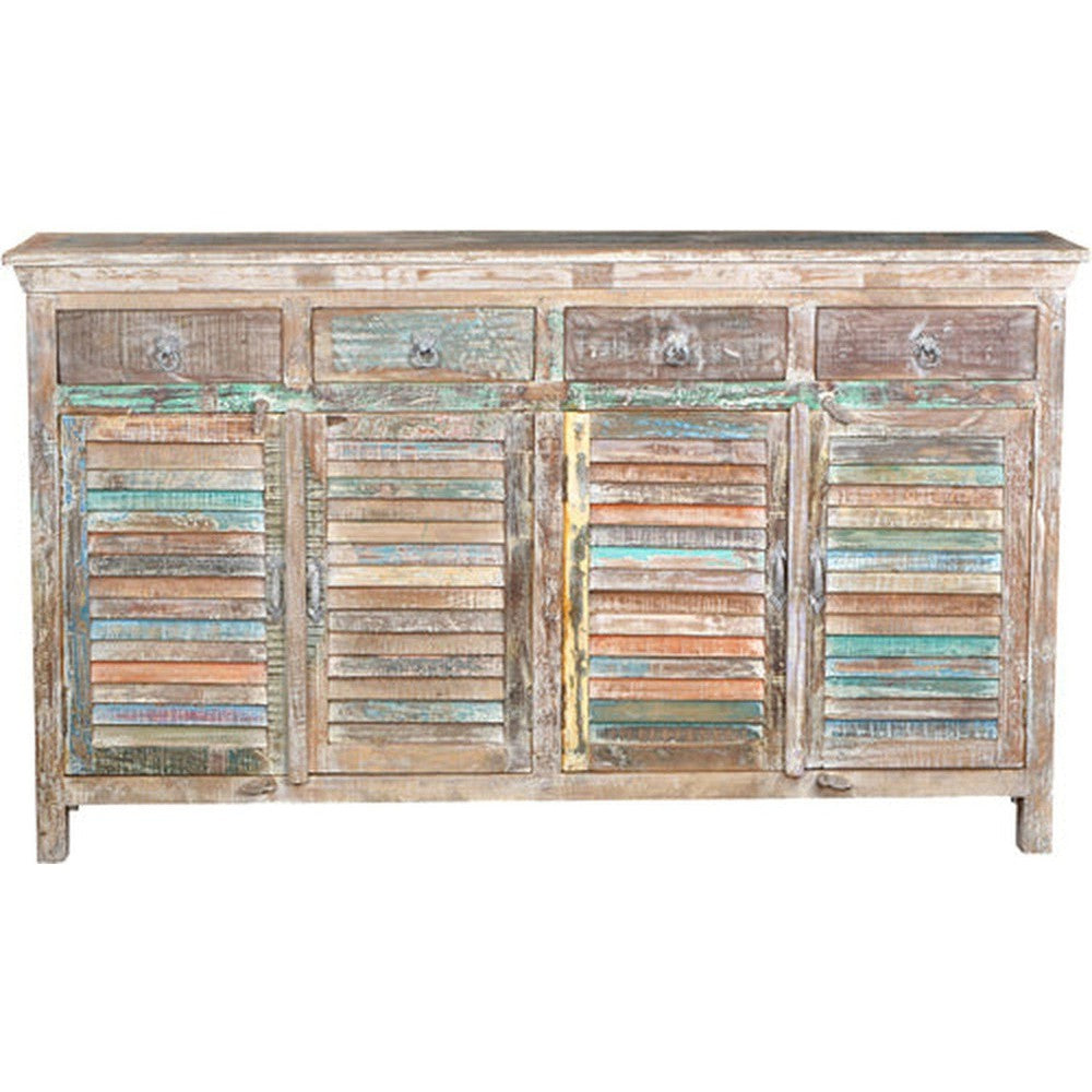 The Eartha Shutter Sideboard is a rustic charm crafted from reclaimed wood. The multicolored paint accentuates the natural beauty, while shutter doors offer a modern twist. The solid construction ensures durability, making it a stylish and reliable choice for your home.