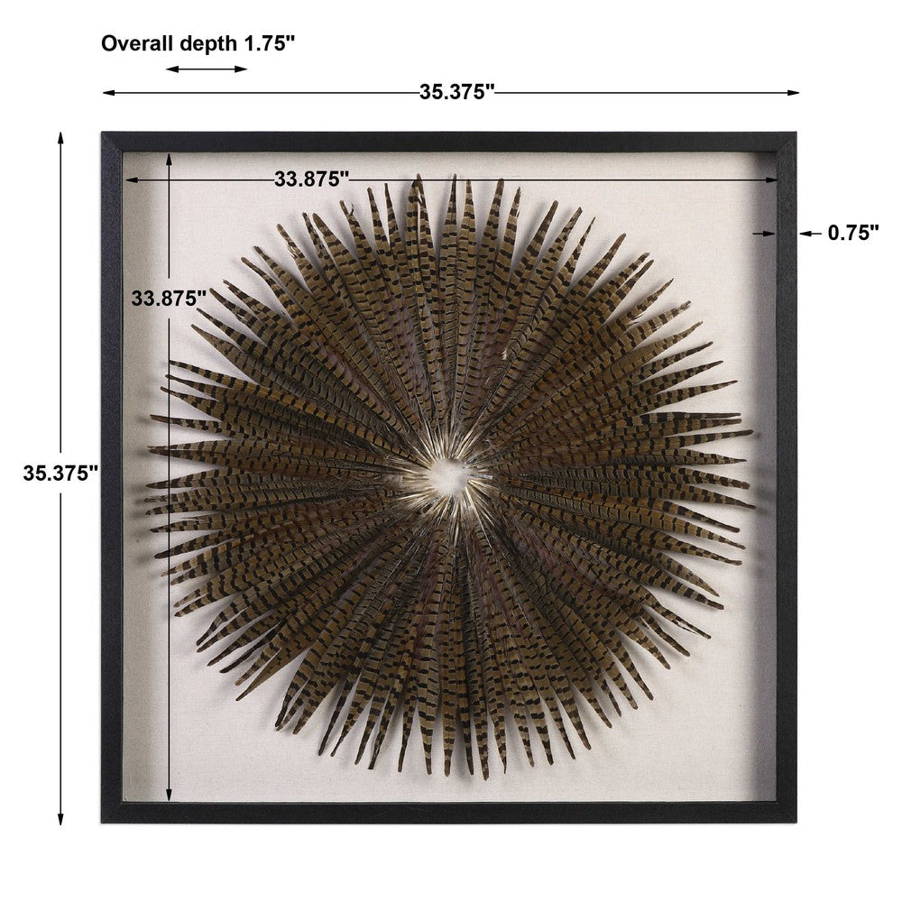 This Feather Burst Shadow Box is a unique work of art, crafted from natural materials to create a striking starburst design. Teeming with hints of blue and burgundy, each Pheasant feather is hand laid against a linen background, creating a luxurious display that will last for years. The shadow box frame is made of fir wood, with a sophisticated black finish, and the artwork is protected by a glass front.