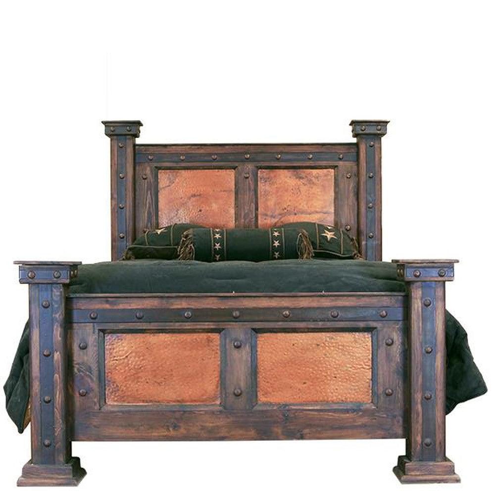 The rustic bed with copper panels and wood is a perfect choice for any bedroom. Its unique design offers a combination of hard-wearing material and a stylish aesthetic, creating a timeless piece of furniture. Copper panels provide lasting durability while the wood brings a classic, rustic element to any space.