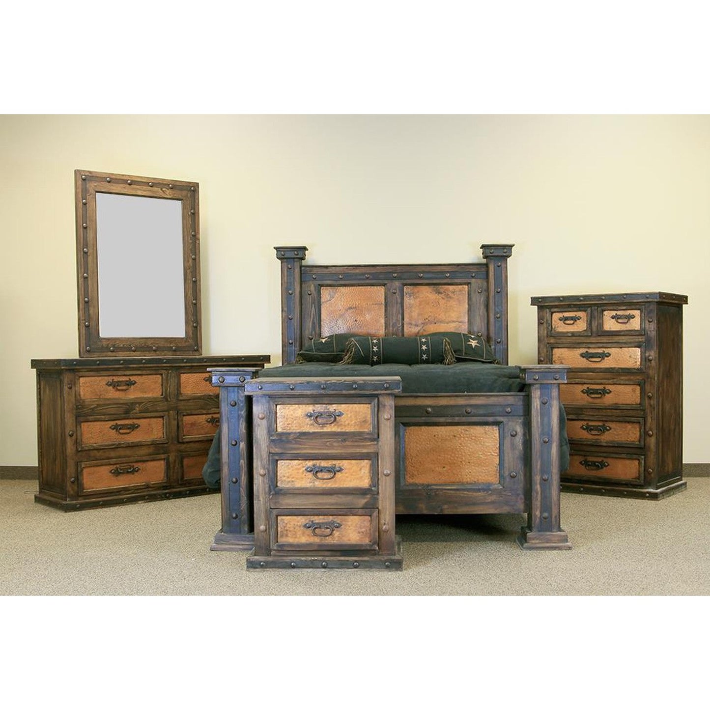 The rustic bed with copper panels and wood is a perfect choice for any bedroom. Its unique design offers a combination of hard-wearing material and a stylish aesthetic, creating a timeless piece of furniture. Copper panels provide lasting durability while the wood brings a classic, rustic element to any space.