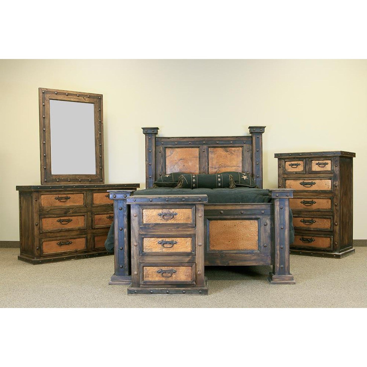 Wood bed frame with copper panels