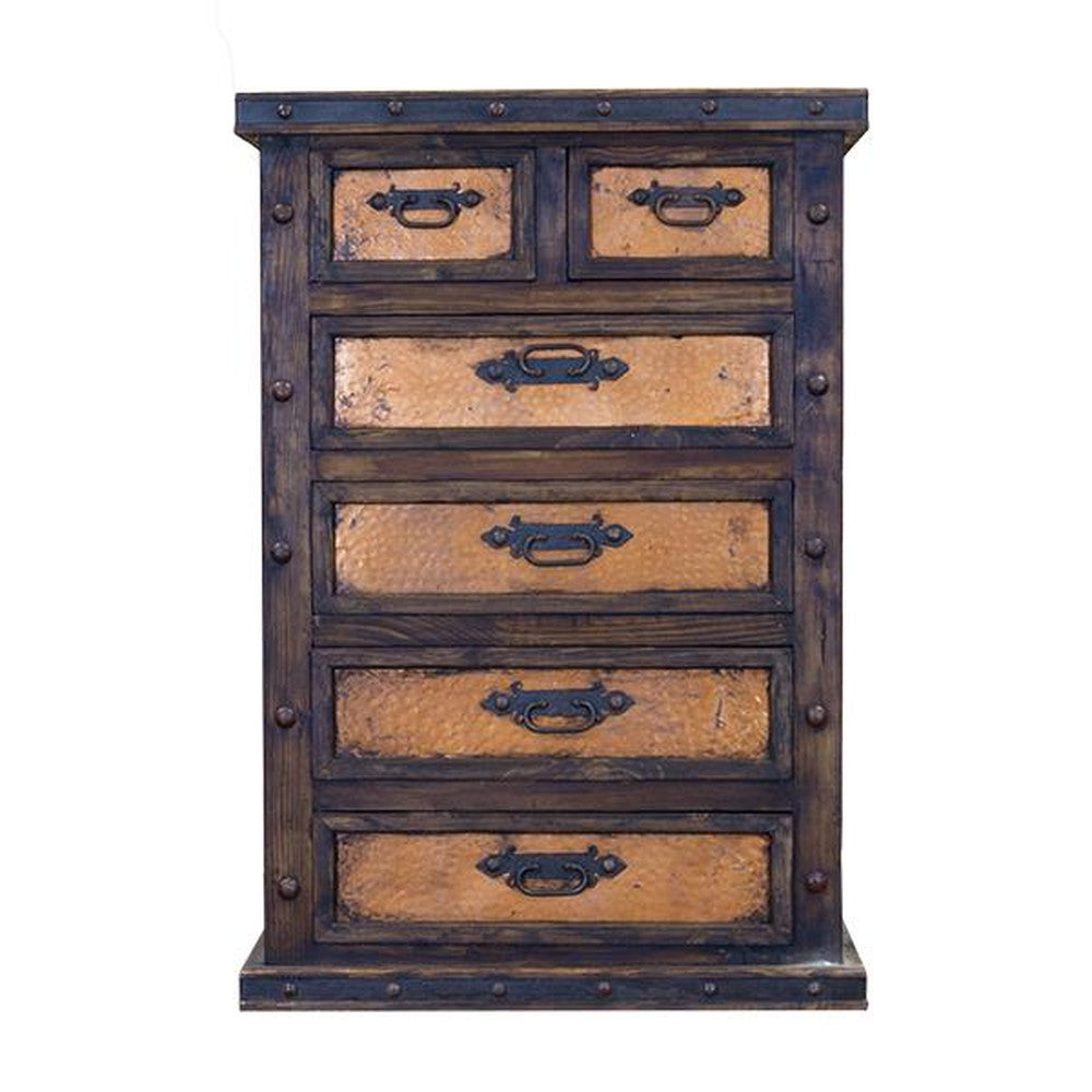 Wooden chest with five drawers featuring hammered copper panels