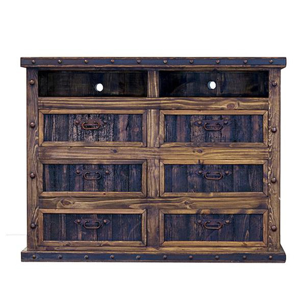 Dark rustic dresser with six drawers and metal rivet accents