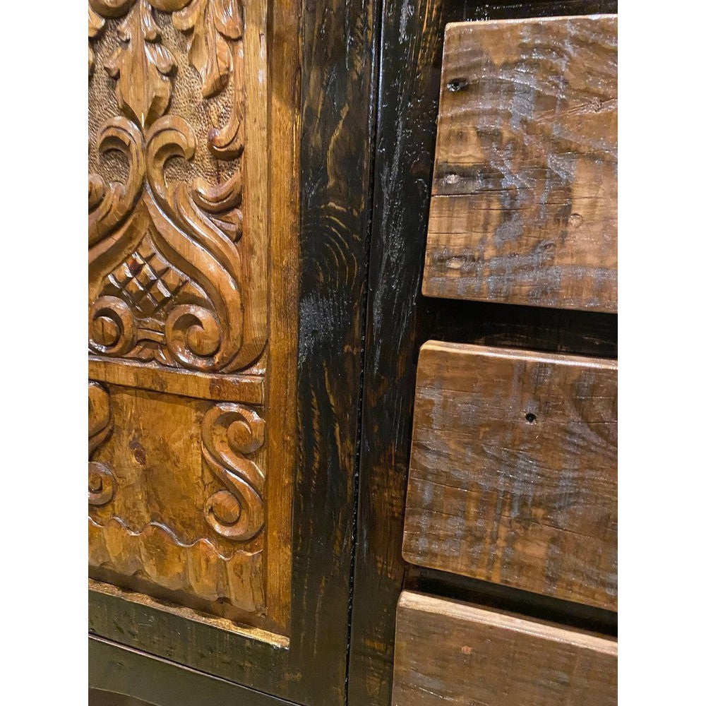 The Flora Buffet is a perfect choice for those looking to add a touch of rustic elegance to their home. Crafted from solid reclaimed wood and hand-carved, this sideboard or buffet is sure to bring a classic touch to any space.