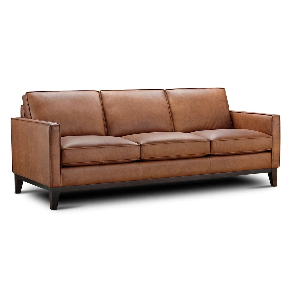 Brown leather loveseat with straight arms and wooden legs