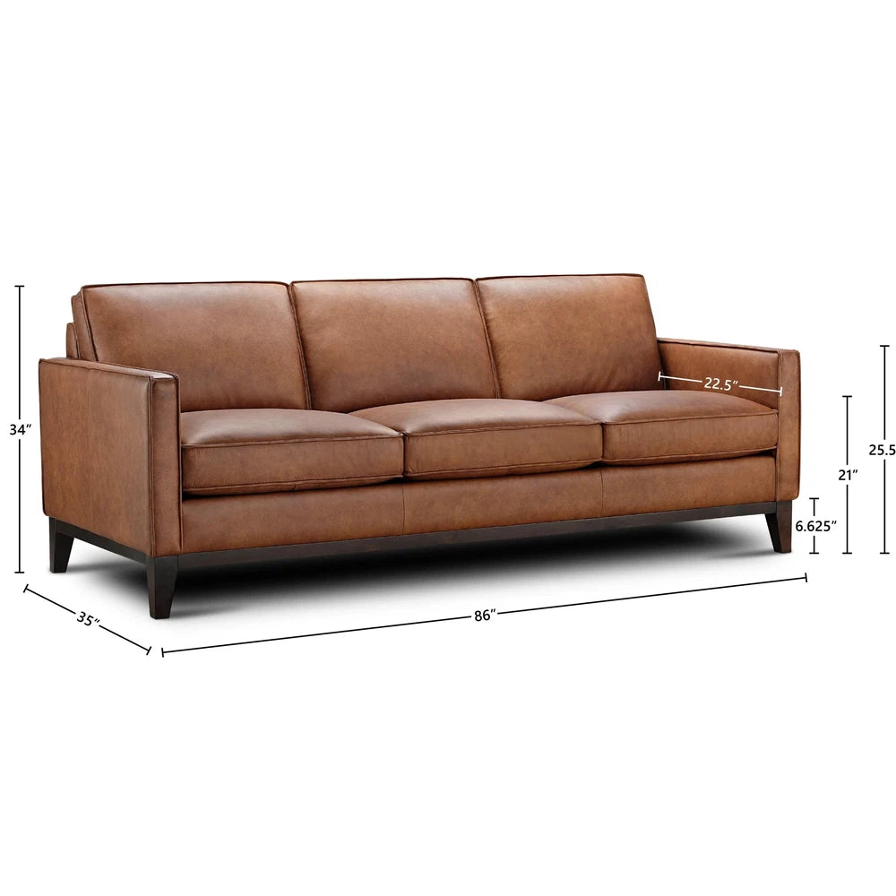 Brown leather loveseat with straight arms and wooden legs