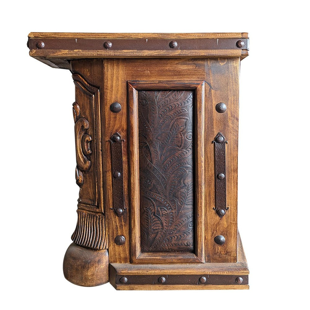 This stunning Hand Carved Tooled Leather Desk is sure to be the focal point of any room. Crafted with hand-carved tooled leather panels and a travertine top, this gorgeous piece provides a timeless look with its classic details and durable construction. Its unique character will make a lasting impression.