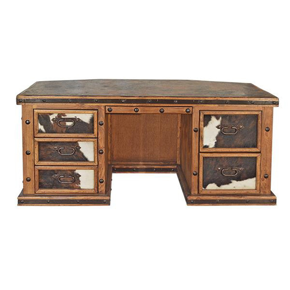 The Hand Carved Cowhide Desk brings elegance and sophistication to any room with its hand carved accent cowhide panels and stone top. Perfect for a modern home office, this timeless piece has been crafted with precise attention to detail and offers reliable stability without compromising on style.