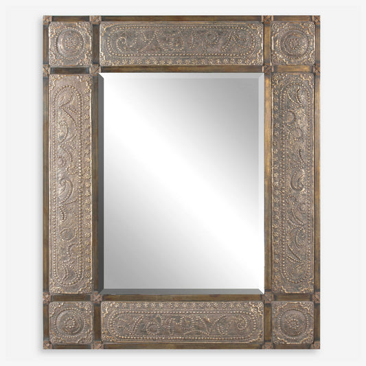  This ornate frame features heavily distressed, golden champagne leaf with black undertones, deep red dry brushing and a heavy, rusty tan wash. Mirror has a generous 1 1/4" bevel and may be hung horizontal or vertical.