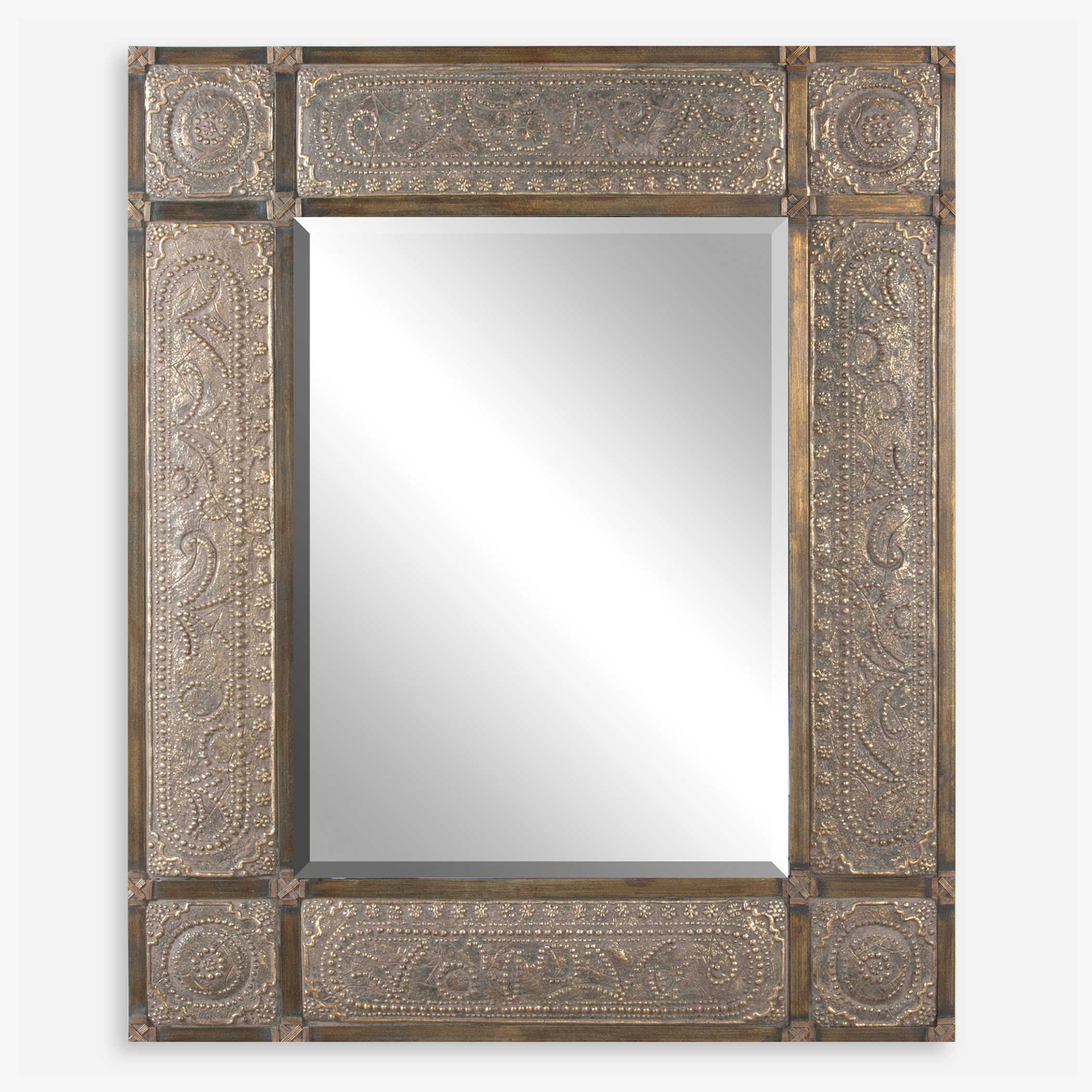 This ornate frame features heavily distressed, golden champagne leaf with black undertones, deep red dry brushing and a heavy, rusty tan wash. Mirror has a generous 1 1/4" bevel and may be hung horizontal or vertical.