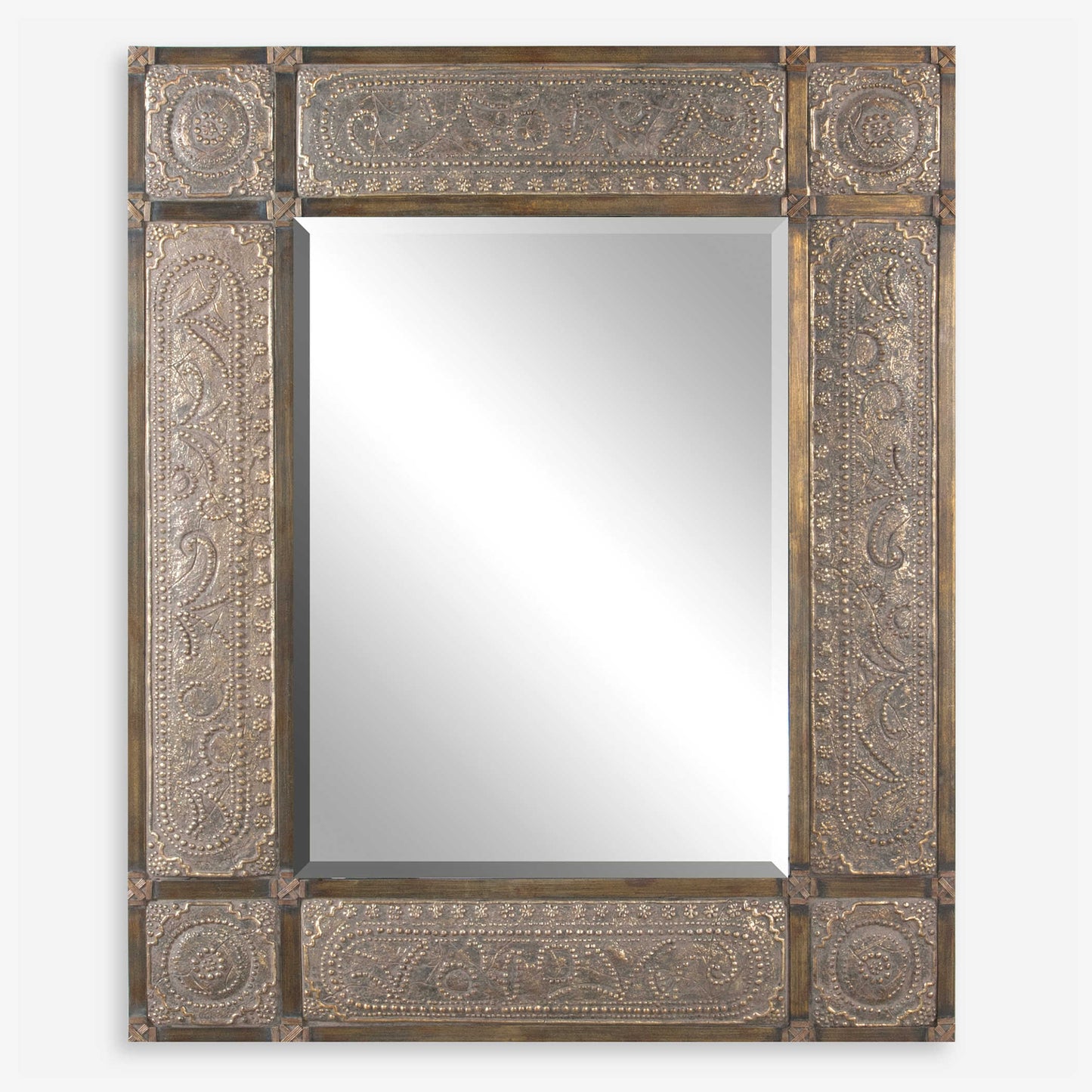  This ornate frame features heavily distressed, golden champagne leaf with black undertones, deep red dry brushing and a heavy, rusty tan wash. Mirror has a generous 1 1/4" bevel and may be hung horizontal or vertical.