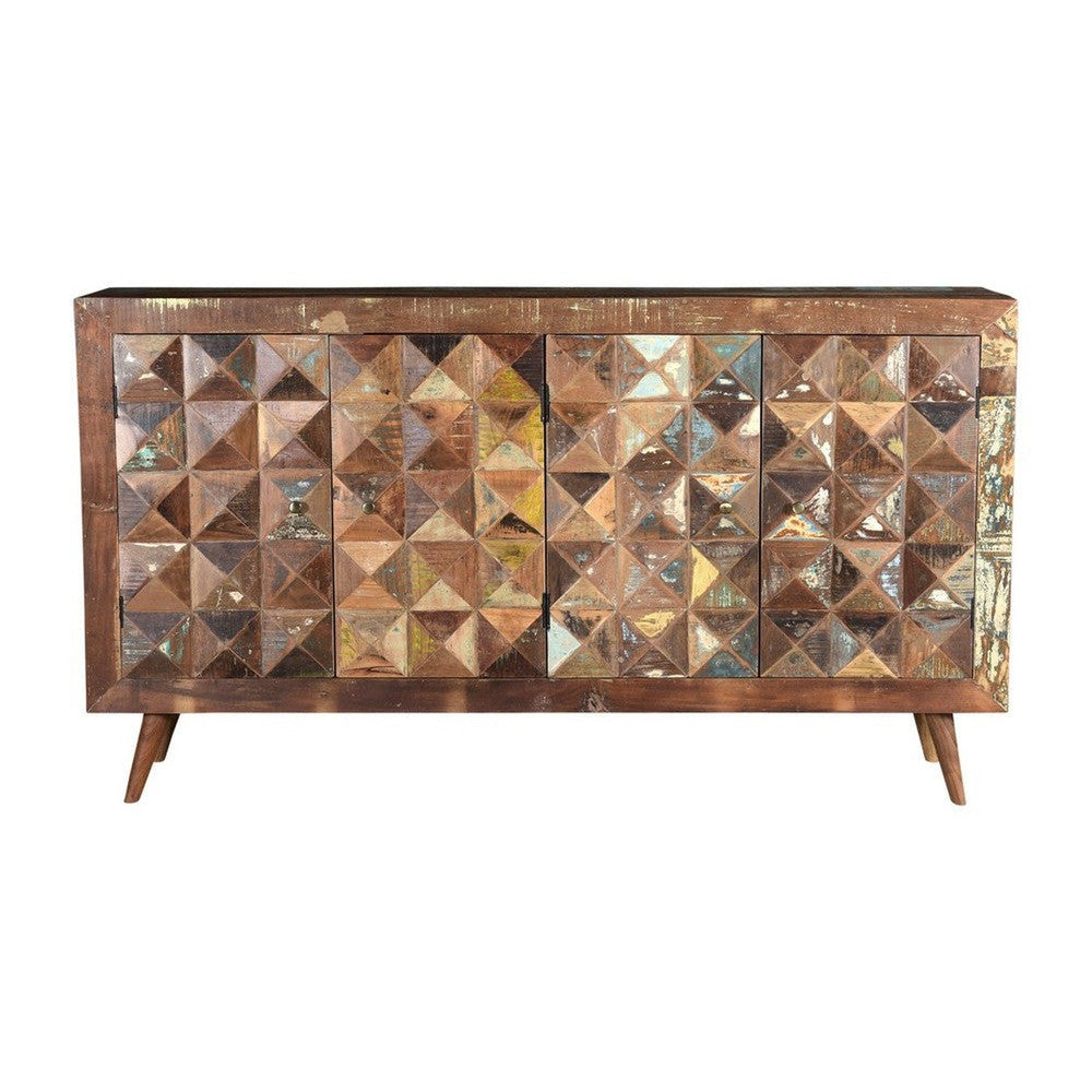 The Hill Country Sideboard 78" is a unique and eye-catching piece of furniture. Crafted from recycled wood, it features a geometric pattern and rustic finish that will add a distinctive touch to any room. It is the perfect combination of form and function.