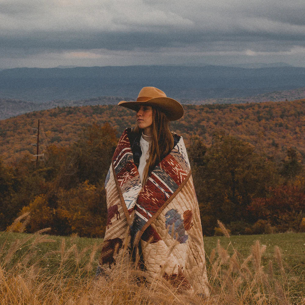 Featuring bold colors that capture the wild spirit of the American West, our Home On The Range Quilt Set is a striking homage to the iconic buffalo. Crafted with Aztec patterned fabric and a geometric ombre reverse, this quilt boasts alternating stripes and tribal motifs for an eye-catching look.