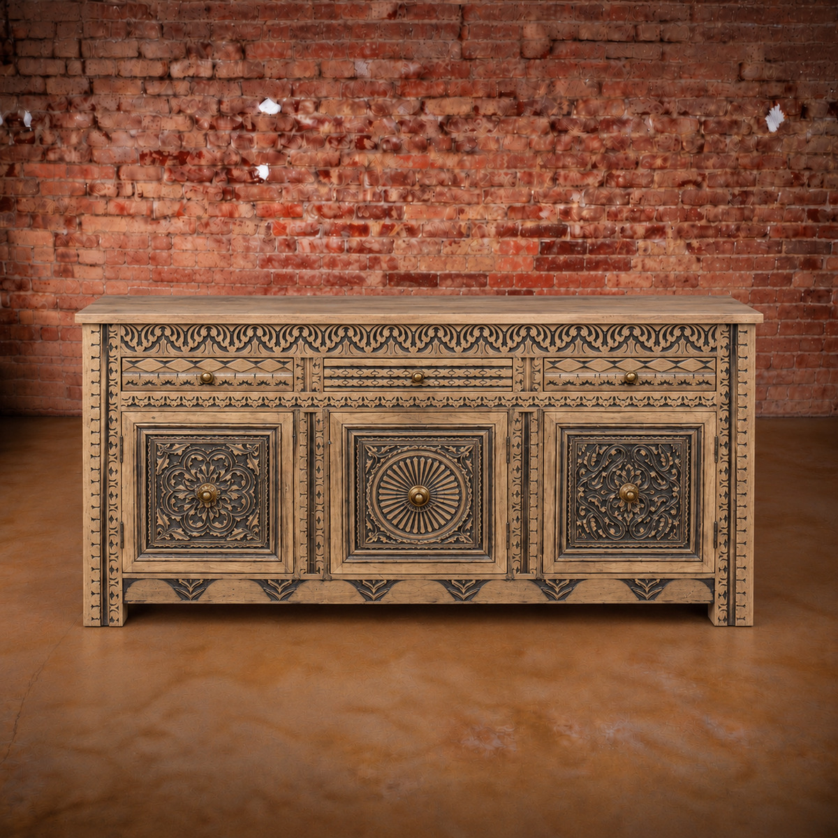 Hanna (3 Door / 3 Drawer) Mango Wood Console Beige and Black