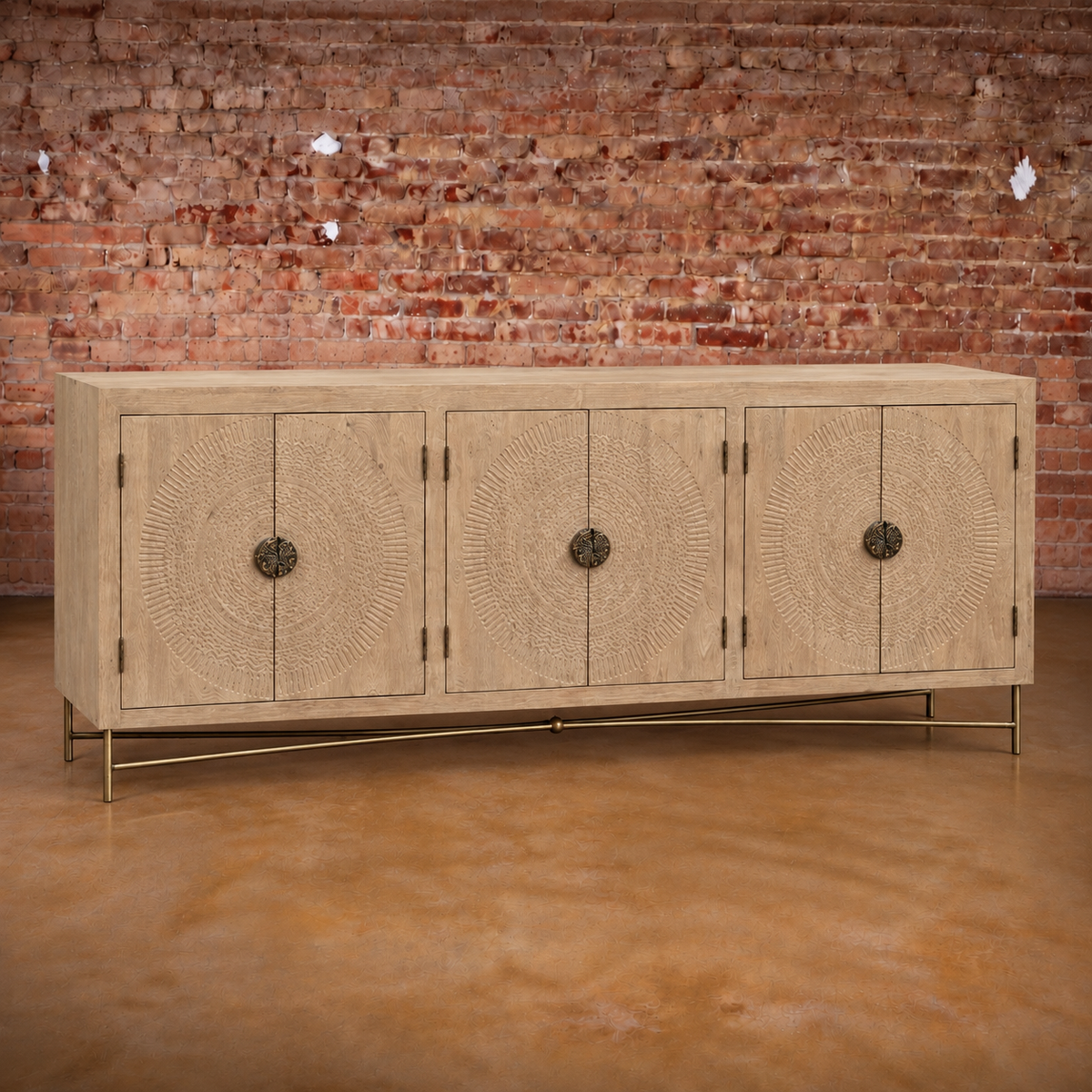 Brooklyn 6 Door Natural Carved Sideboard with Metal Base