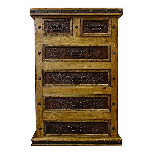 This Iron & Tooled Leather Chest will add an instant rustic look to your home. It features tooled leather drawers, exuding an old-world charm. This timeless piece will be the perfect addition to any traditional home.