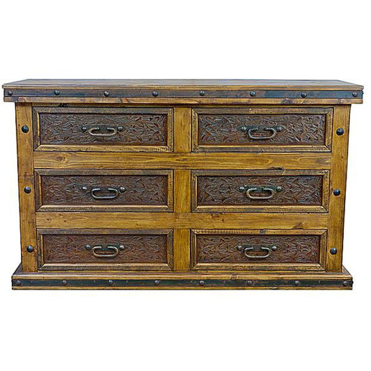 This Iron & Tooled Leather Dresser is a stylish addition to any bedroom decor. Rustic and built to last, this piece features tooled leather drawers. Durable and timeless, it's the perfect storage solution for any home.