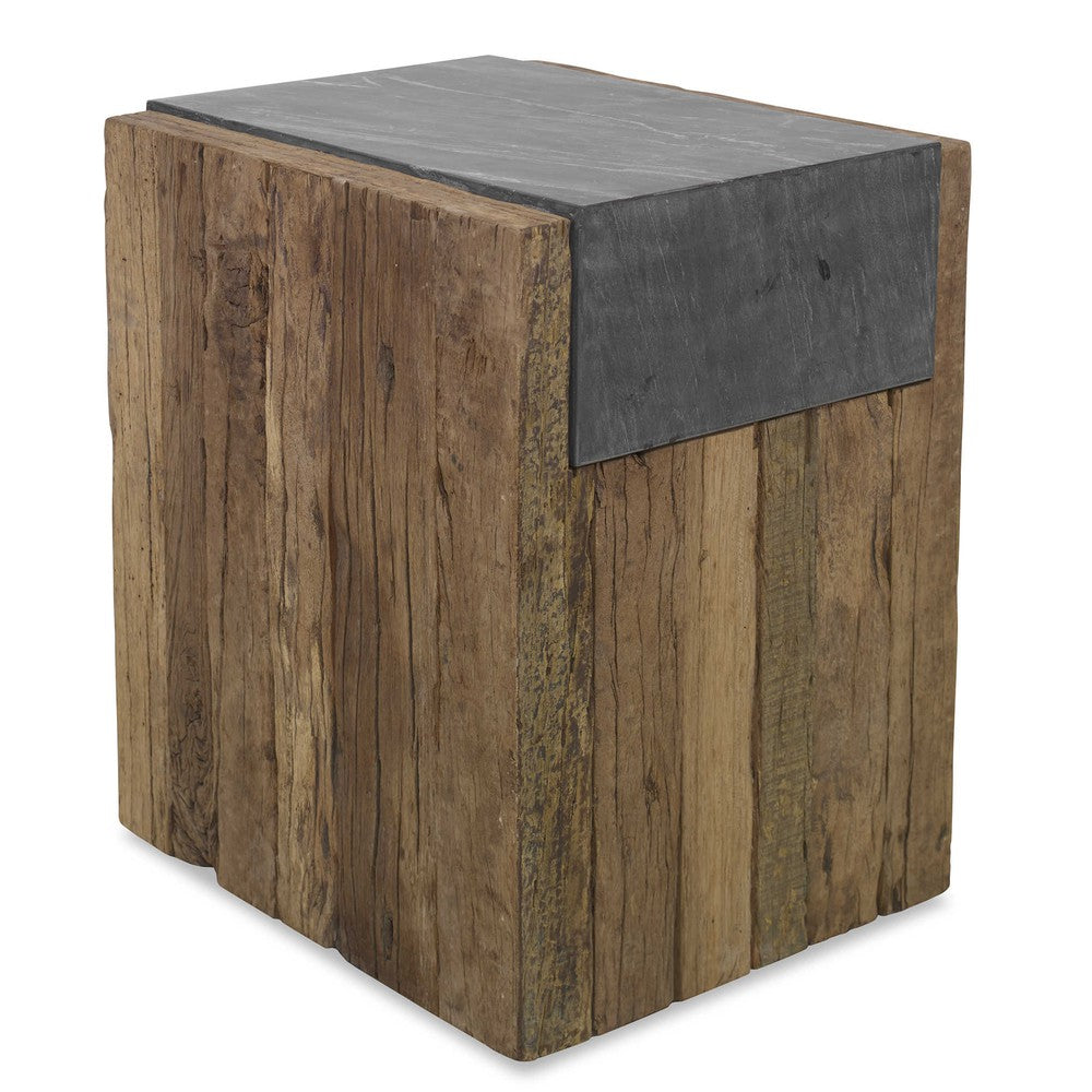 The Jonah Side Table is a unique fusion of rustic and refined. Crafted from naturally-stained reclaimed pine and topped with honed black marble, this piece is sure to add character to any room. Its variegated marbling and veining give it a truly distinctive look, while its solid wood construction ensures a lifetime of stability that will only improve with age.