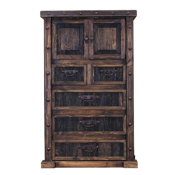 Rustic wooden chest with two doors and five drawers