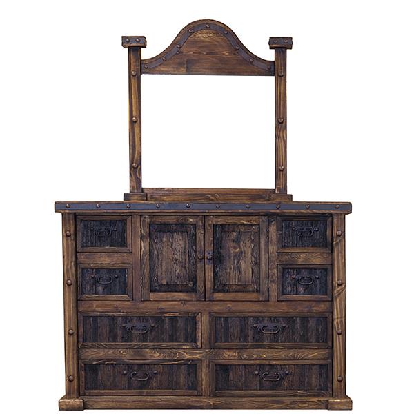 Rustic wooden dresser with mirror, drawers, and cabinet doors