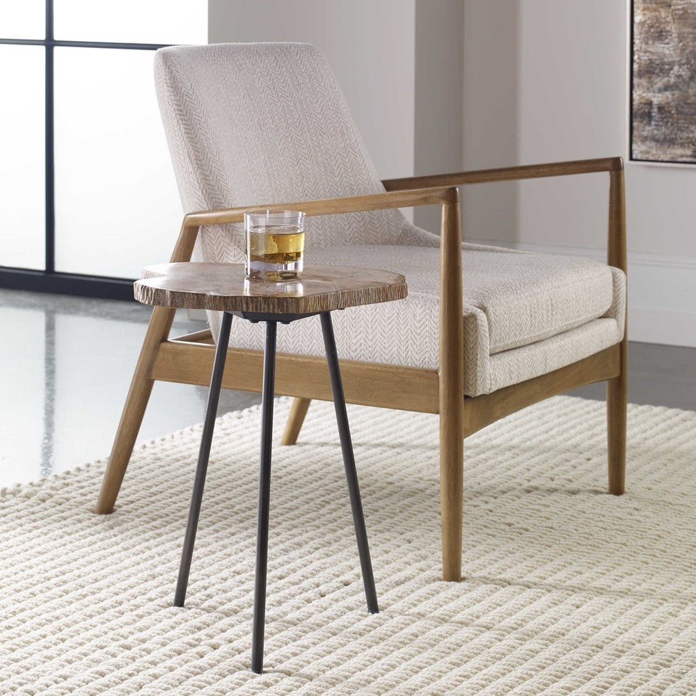 Enhance any room with the Mircea Accent Table. Natural petrified wood with unique graining details is handcrafted to create a one-of-a-kind piece, paired with aged black finished iron legs for a distinctive look. Variations in color, ranging from black to natural, and size, from 10 to 17" diameter, make this accent table a perfect fit for any room.