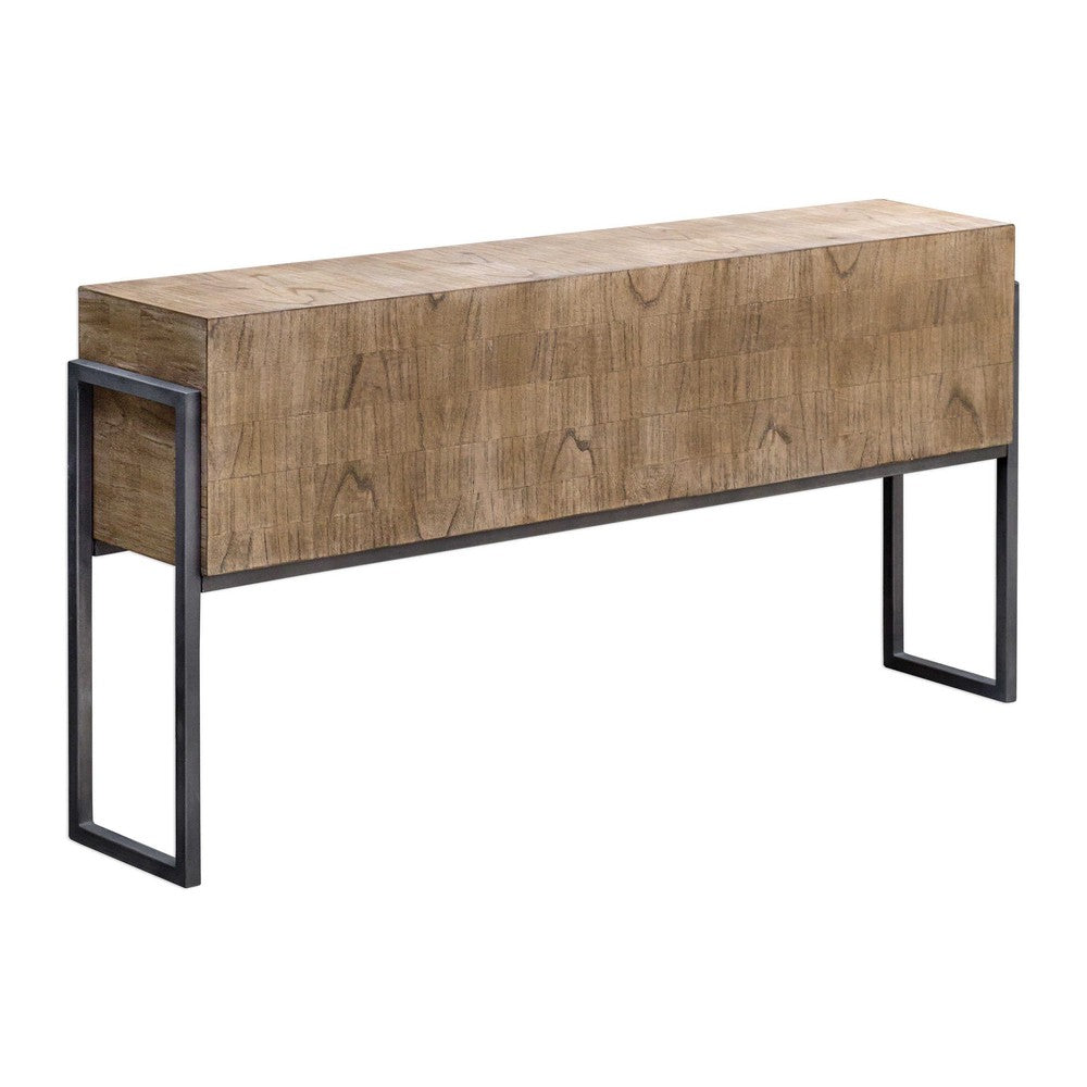 The Nevis Console is a beautiful contemporary piece, crafted from mahogany solids and mindi veneer in a hand-applied light oatmeal wash. The iron frame complements the layered veneer to create an attractive, unique grain pattern. Perfect for adding a touch of style to any interior.