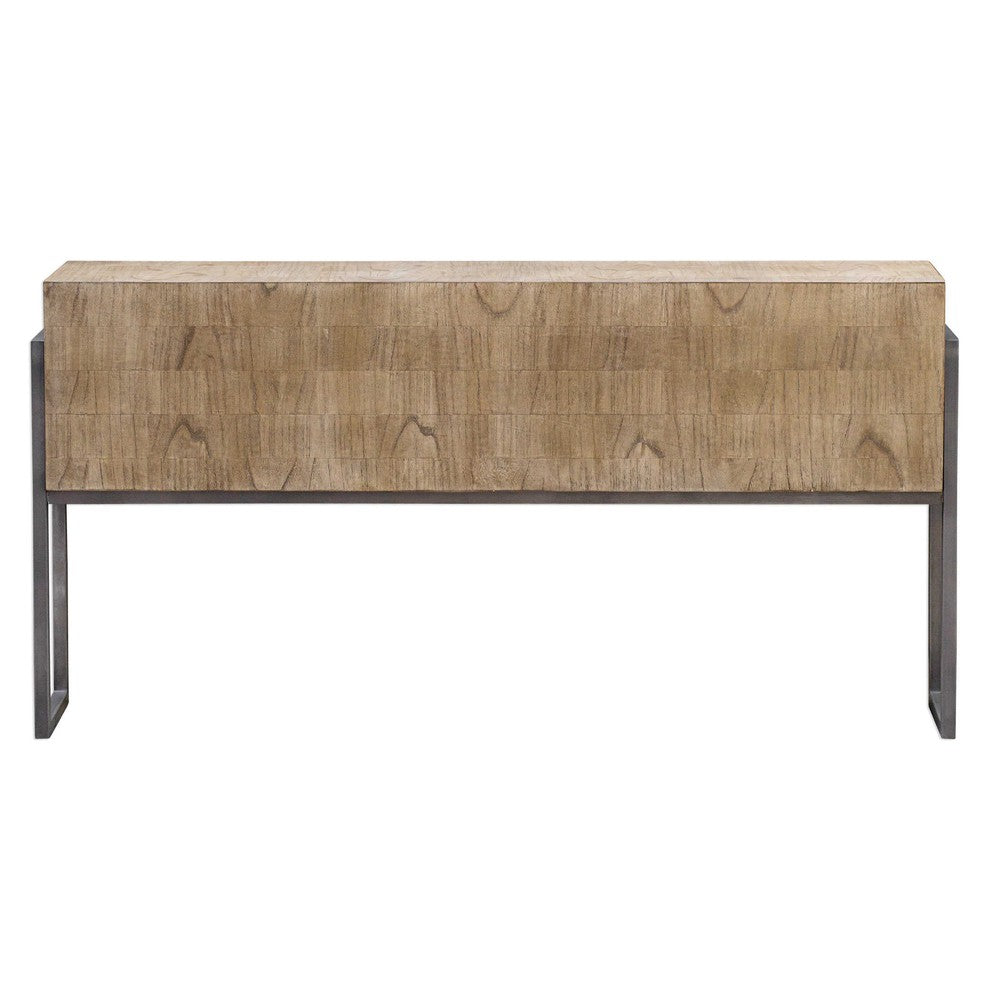 The Nevis Console is a beautiful contemporary piece, crafted from mahogany solids and mindi veneer in a hand-applied light oatmeal wash. The iron frame complements the layered veneer to create an attractive, unique grain pattern. Perfect for adding a touch of style to any interior.