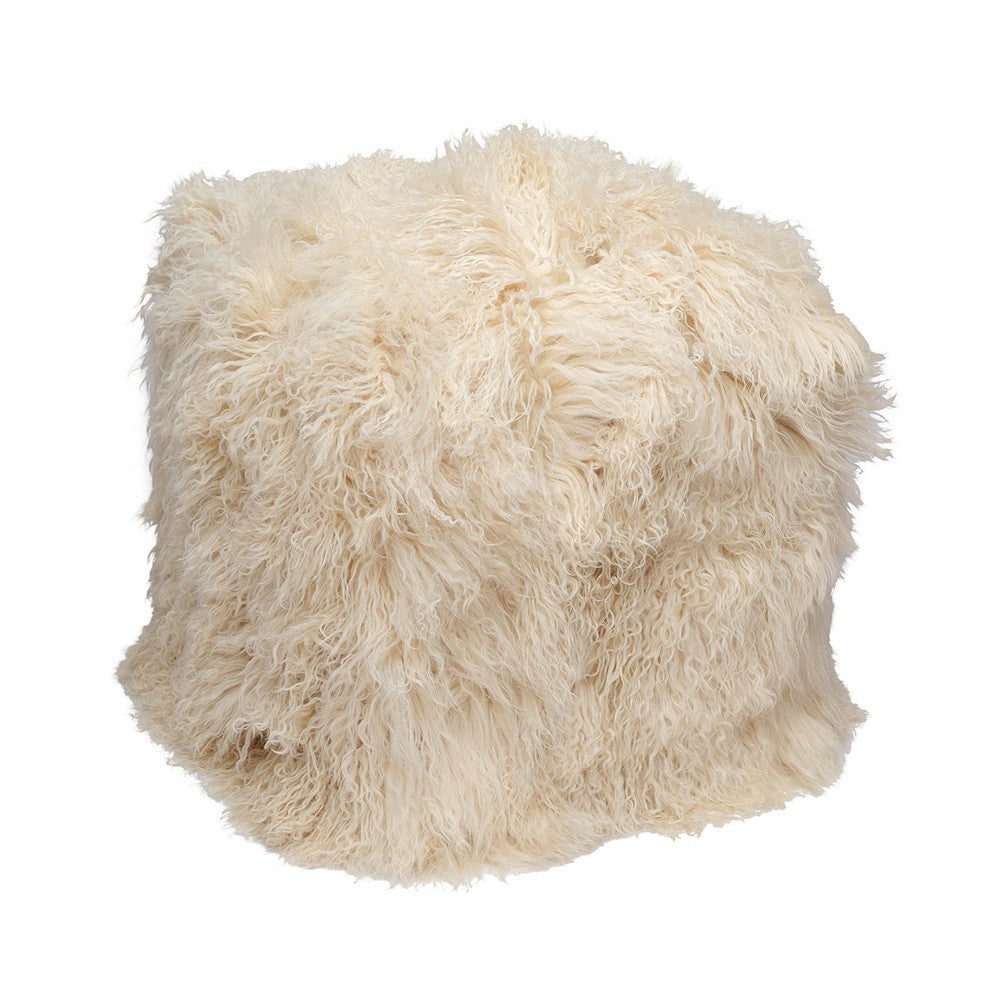 This Tibetan Lamb Pouf is a luxurious, solid wood cube wrapped in plush foam and soft tibetan lamb, perfect for extra seating in a living room or as a vanity stool. Its versatility makes it a great addition to any home. It can also be used as an ottoman!