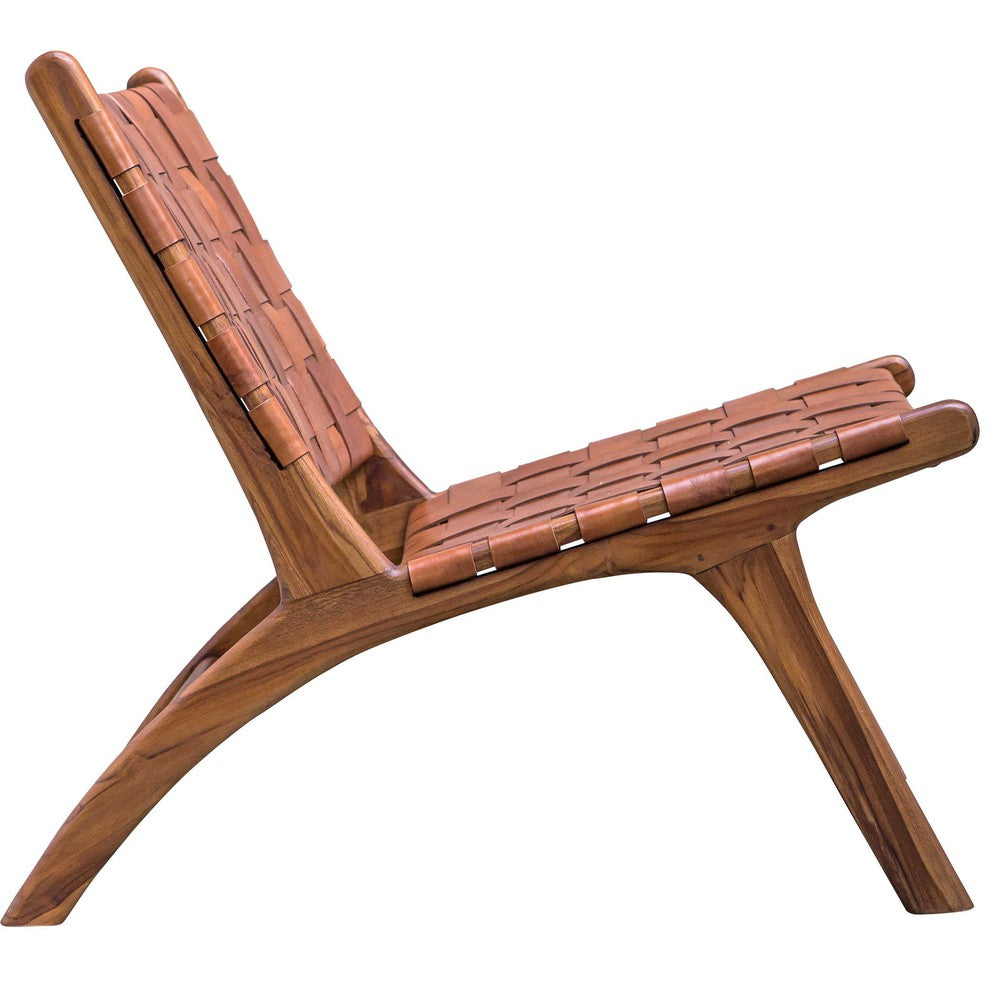 Our Plait Accent Chair is perfect for those looking to bring a mid-century modern flair to their home. Its sturdy teak wood frame, natural finish, and hand-woven cognac leather straps make a strong statement that is sure to enhance any living room. Its convenient 16" seat height makes it perfect for both short and tall users.