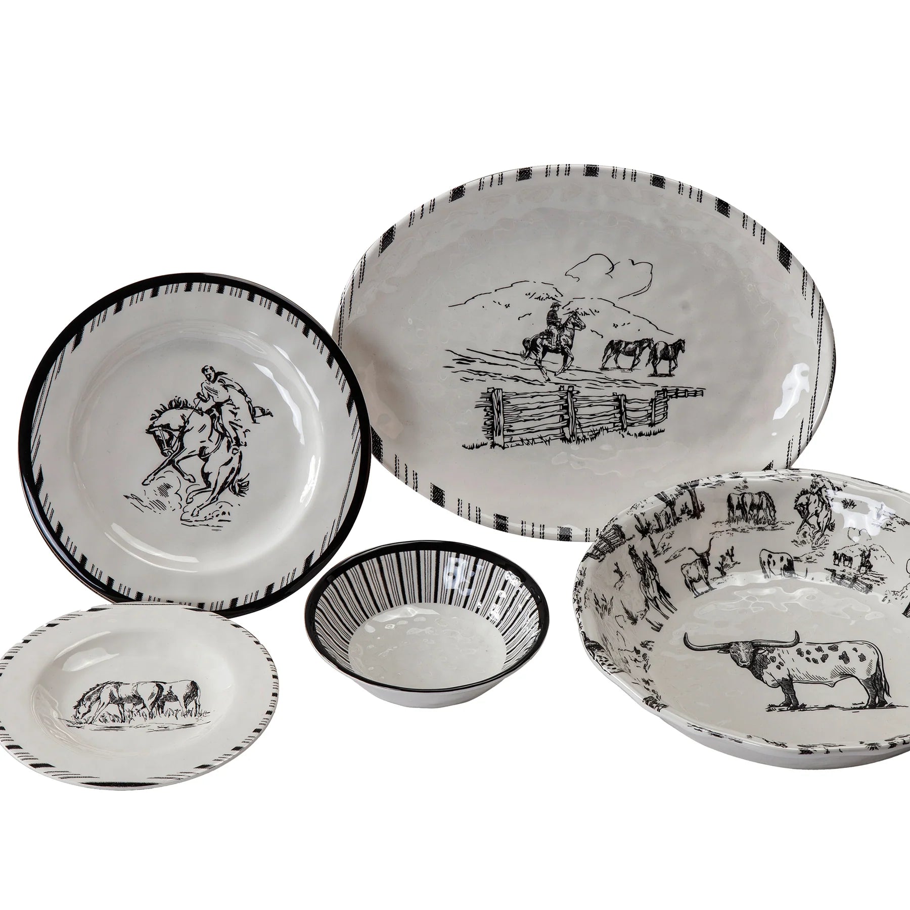 A playful Western take on traditional Toile de Jouy, Ranch Life takes you on a heritage journey through the American frontier, replete with natural scenery of wrangling cowboys, grazing cow herds, and frolicking desert wildlife. This set comes in a versatile black-and-white colorway, accented with solid color and ticking stripe detailing.