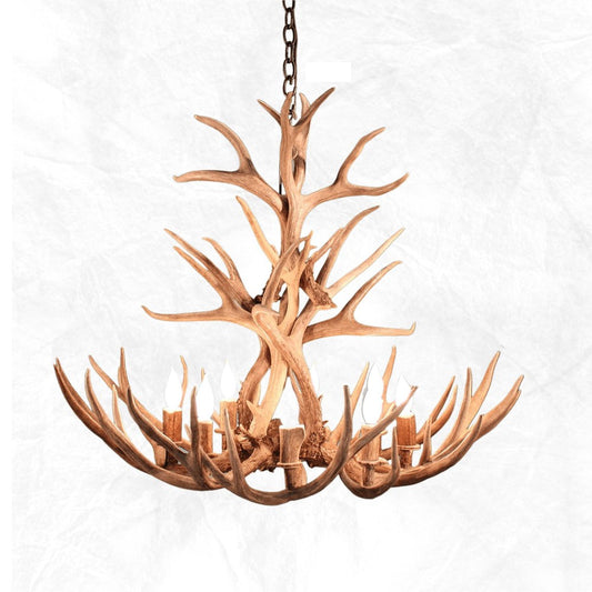 Light up your home in timeless style with the Reagan 8 Light Mule Deer Antler Chandelier. Hand-selected shed antlers form the base of this eye-catching chandelier, with dimensions of approximately 34" wide and 30" tall. UL & ULc (US & Canada) listed and approved, it's also dimmer switch compatible and includes 3' of chain, canopy, and mounting hardware.