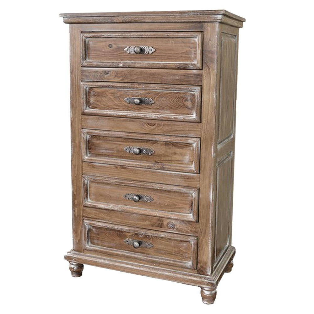 Distressed wooden chest with five drawers and metal handles