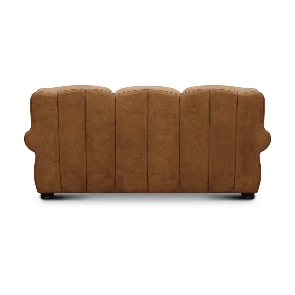 Brown leather loveseat with rolled arms and cushioned seats