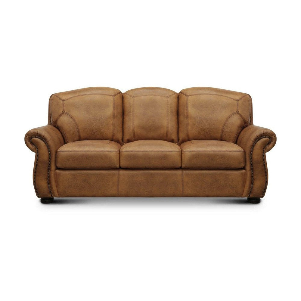 Brown leather loveseat with rolled arms and cushioned seats