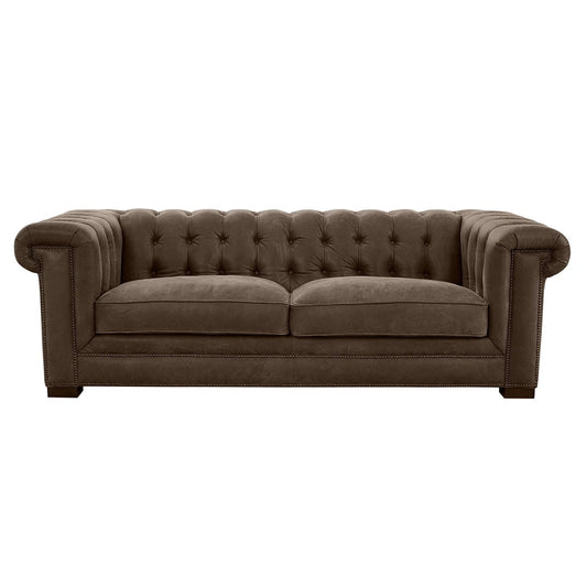 This luxurious Selleck Sofa features a sturdy hardwood frame, pocketed coil seating for comfort, panel key arm and button tufted design. Upholstered in supple top grain leather all over, its design is suitable for both western and contemporary decor. Experience sumptuous comfort with the Selleck Sofa.