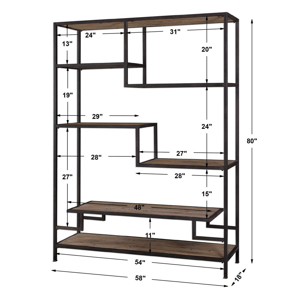The Sherwin Bookshelf offers classic, vintage-inspired style with its aged black iron framing and multi-level, staggered shelving. Using reclaimed pine, the solid wood construction adds to its authentic character. Its unique design allows you to showcase your items in a variety of ways, ensuring all eyes are drawn to your decor.