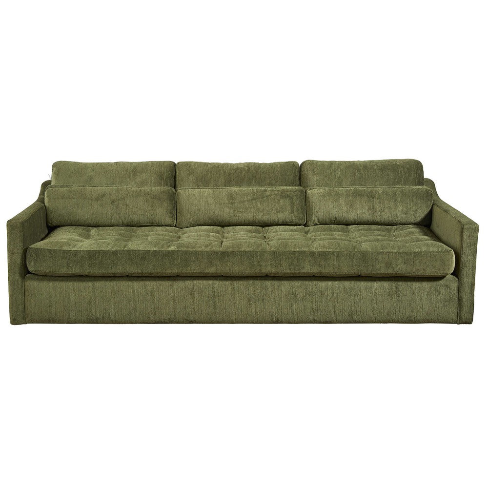 Green velvet sofa with tufted seat and straight arms