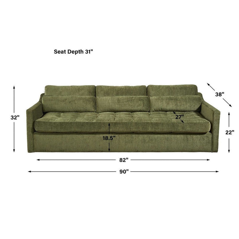 The Slope Sofa lets you entertain in style. It's crafted with a solid hardwood frame, then upholstered in performance velvet that is treated to resist soiling and stains. With its 90-inch frame, it offers a bench cushion with biscuit tufting, 3 loose back cushions, and 3 plush lumbar pillows. Enjoy maximum seating comfort and style with this luxurious sofa.