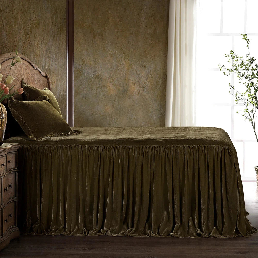 Our Stella Velvet Bedspread Set is crafted with premium faux silk velvet for luxurious softness and a lustrous glow. The sophisticated drape adds an elegant, inviting touch to any bedroom decor, and is available in a variety of neutral and jewel tones. Transform your sleeping sanctuary with its plush comfort and warmth.