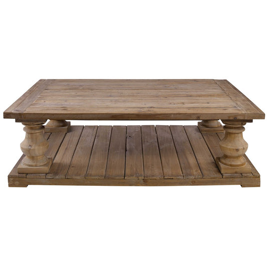 This Stratford Coffee Table is made from salvaged lumber and hand turned balusters, producing a solid construction. It is finished with a stony gray wash and has a sun faded, distressed patina for a unique and traditional look. The solid wood will also adjust to temperature and humidity changes, creating small cracks and an uneven surface adding character and authenticity.