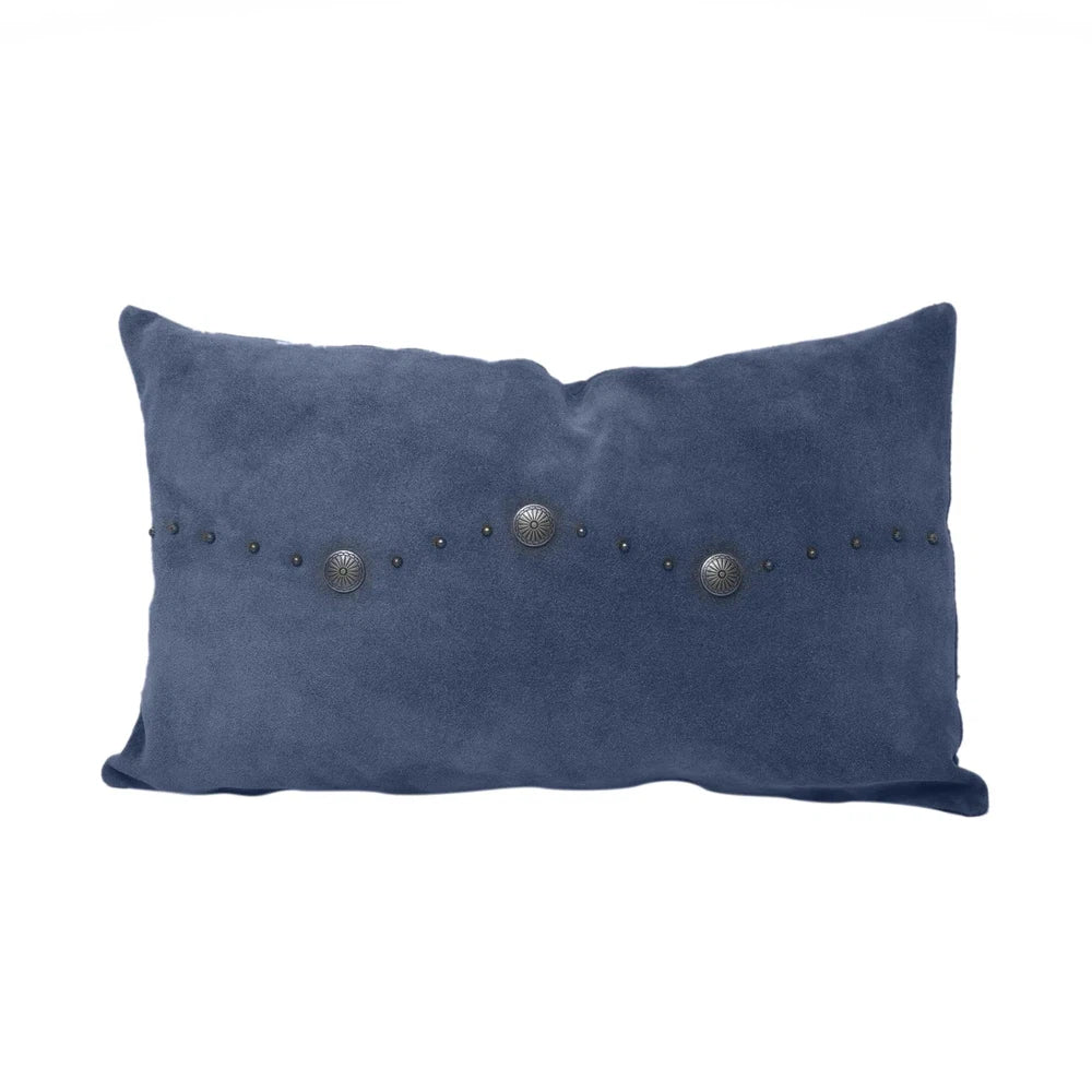 Classically crafted in suede, this Western Concho Pillow is perfect for any living space. Boasting a single silver concho center and a silver-studded border, its rustic elegance is available in four versatile shades: black, gray, navy, and tobacco. Add a luxurious touch to your the home with this timeless option.